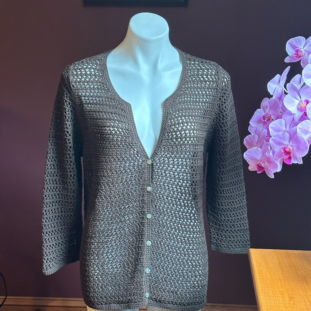 EDDIE BAUER Brown Open Crochet Knit 3/4 Sleeves Sweater XL